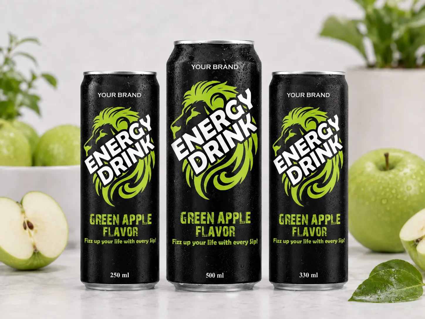 ENERGY DRINK Green Apple Flavor 250ml, 500ml and 330ml cans.